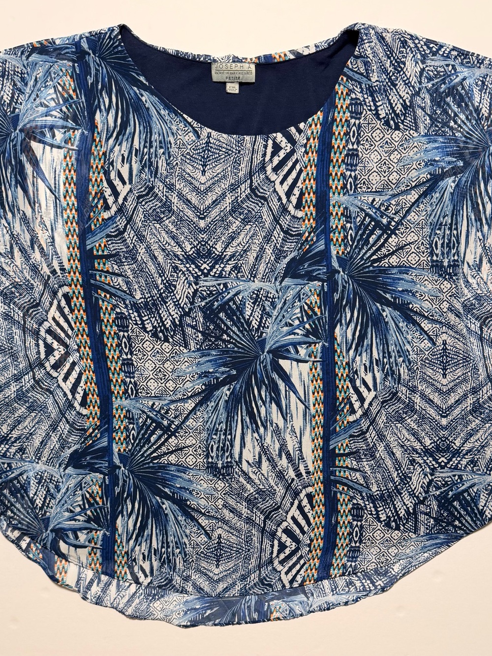 Joseph A. Petite PXL Blue Tropical Palm Print Dolman Sleeve Top